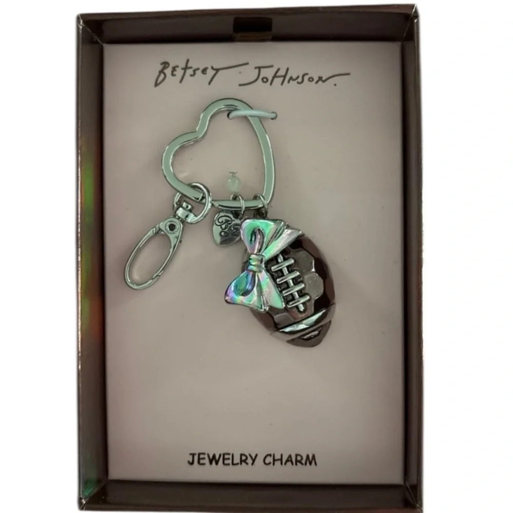 BETSEY JOHNSON Shiny Metallic Football with Pink Bow Bag Charm Keychain NEW NWT